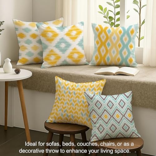 STITCHNEST Set of 5 Polycotton Cushion Covers – 12x12 Inches – Yellow & Aqua Ikat-Inspired Geometric Print – Vibrant Cushion Covers for Sofa, Couch & Living Room | Perfect for Home Decor - Image 3