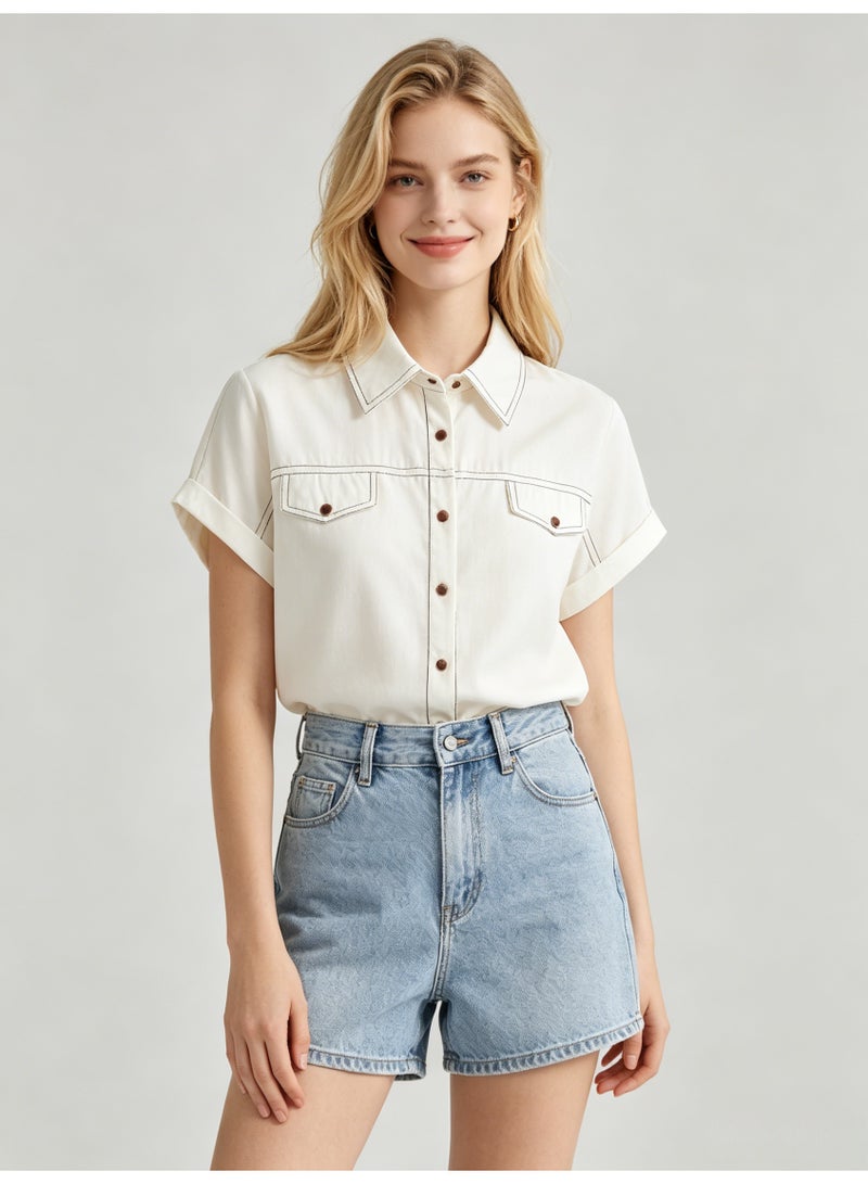 زارا ZARA Women’s Off White Contrast Stitch Short Sleeve Western Shirt with Chest Pockets - Image 1