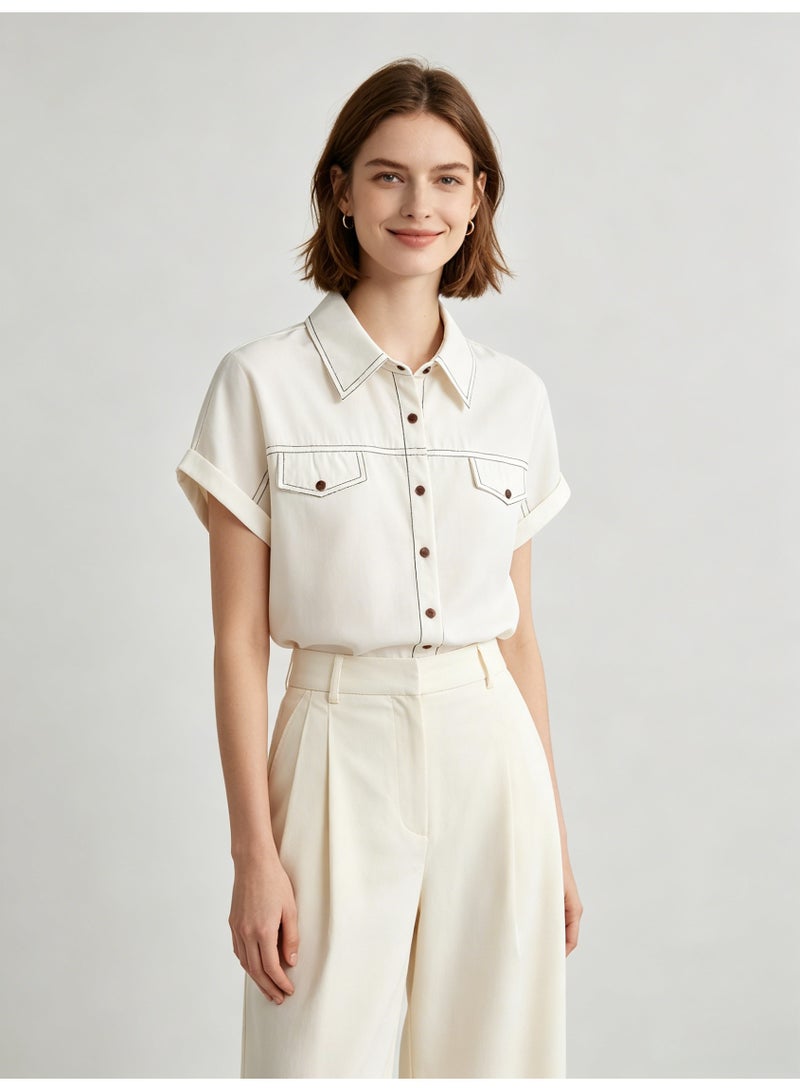 زارا ZARA Women’s Off White Contrast Stitch Short Sleeve Western Shirt with Chest Pockets - Image 2