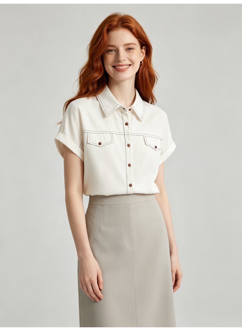 زارا ZARA Women’s Off White Contrast Stitch Short Sleeve Western Shirt with Chest Pockets - Image 3