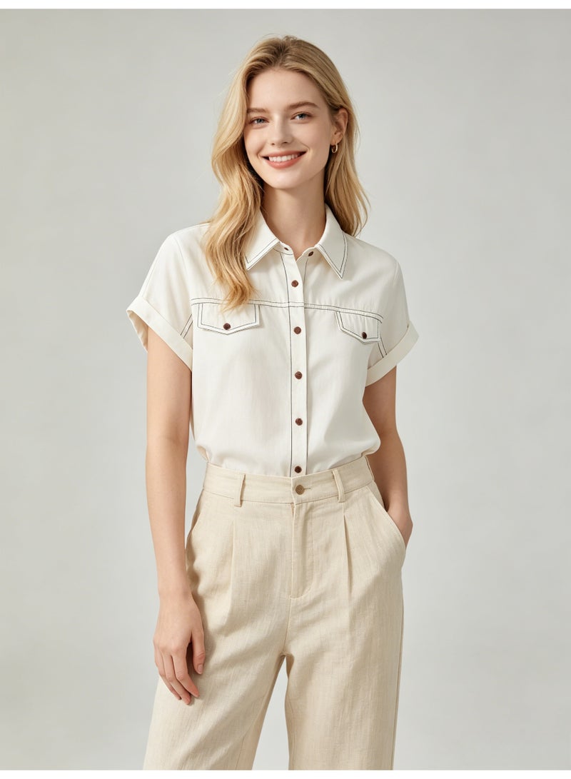 زارا ZARA Women’s Off White Contrast Stitch Short Sleeve Western Shirt with Chest Pockets - Image 4