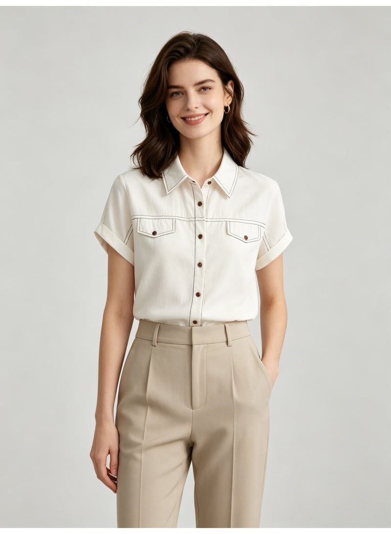 زارا ZARA Women’s Off White Contrast Stitch Short Sleeve Western Shirt with Chest Pockets - Image 5