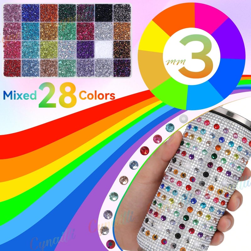 Cynailli 32000Pcs 3MM Colors Flatback Rhinestones for Bedazzling Kit, Colored Gems Rhinestones for Bedazzling, Colorful Gems Bedazzled for Crafting DIY Face Fabric Makeup Crafts Tumblers - Image 2