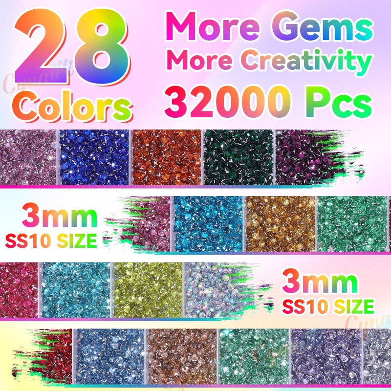 Cynailli 32000Pcs 3MM Colors Flatback Rhinestones for Bedazzling Kit, Colored Gems Rhinestones for Bedazzling, Colorful Gems Bedazzled for Crafting DIY Face Fabric Makeup Crafts Tumblers - Image 4
