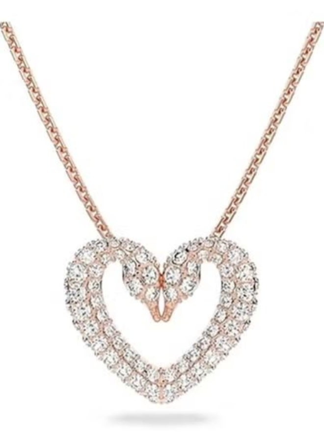 Swan Rose Gold-Tone Double-Crystal Heart Pendant Necklace (Dual Swan Accent)