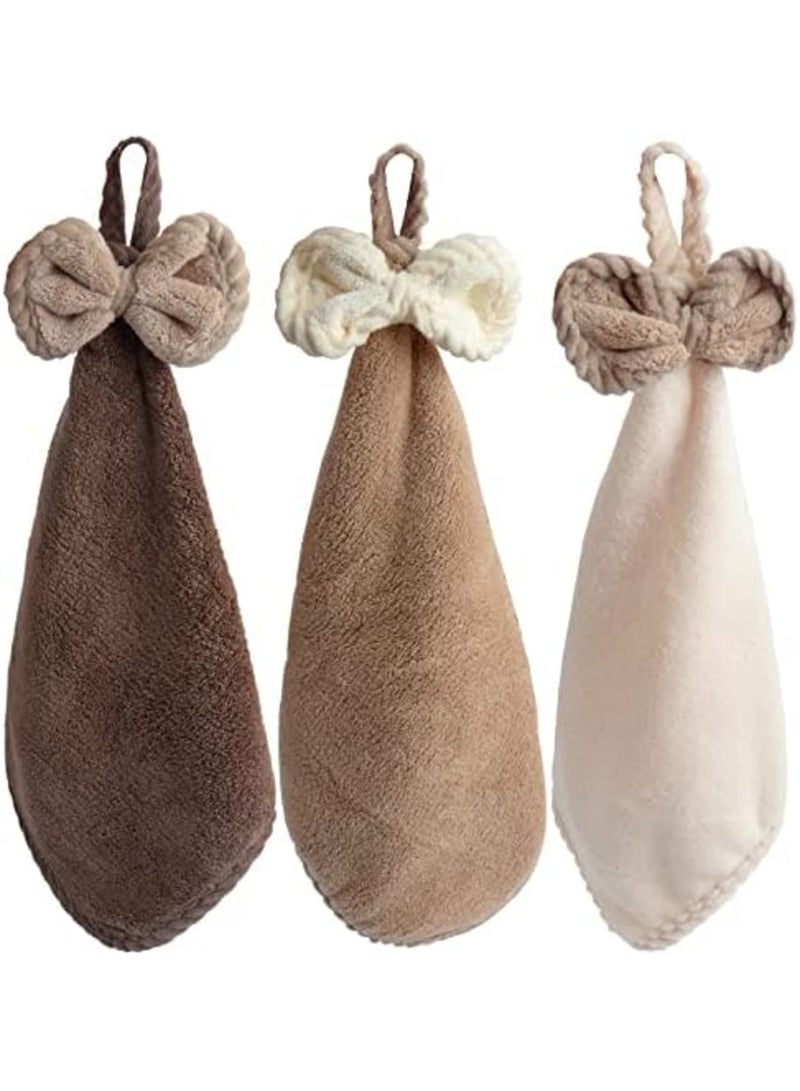 Luckam Hand Dryer Towels, 3pcs Hand Towels with Hanging Loops, Soft and Absorbent Microfiber Coral Fleece Hand Towels with Bows for Kitchen and Bathroom, Absorbent Quick Drying, Dark Colour - Image 1