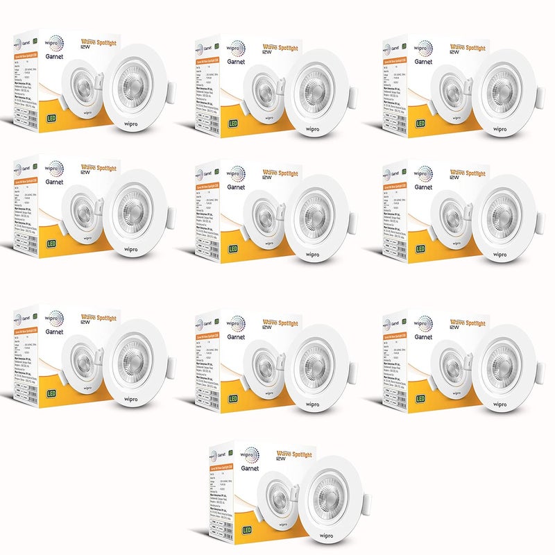 WIPRO Wipro Garnet 12W Round Led Wave SpotlightCob Spotlight for CeilingNeutral White Light 4000KAdjustable DesignRecessed Tiltable Downlighter for False CeilingCutout125MmPack of 10  - Image 1