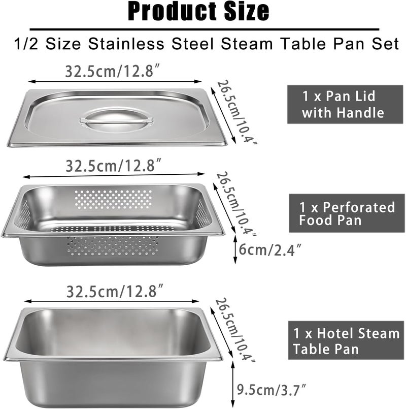 BSTKEY Stainless Steel Hotel Pans Half Size, 4 Inch Deep Steam Table Pan with Perforated Steam Tray and Lid, Warmer Breading Tray Food Pans for Kitchen Restaurant Supplies - Image 2