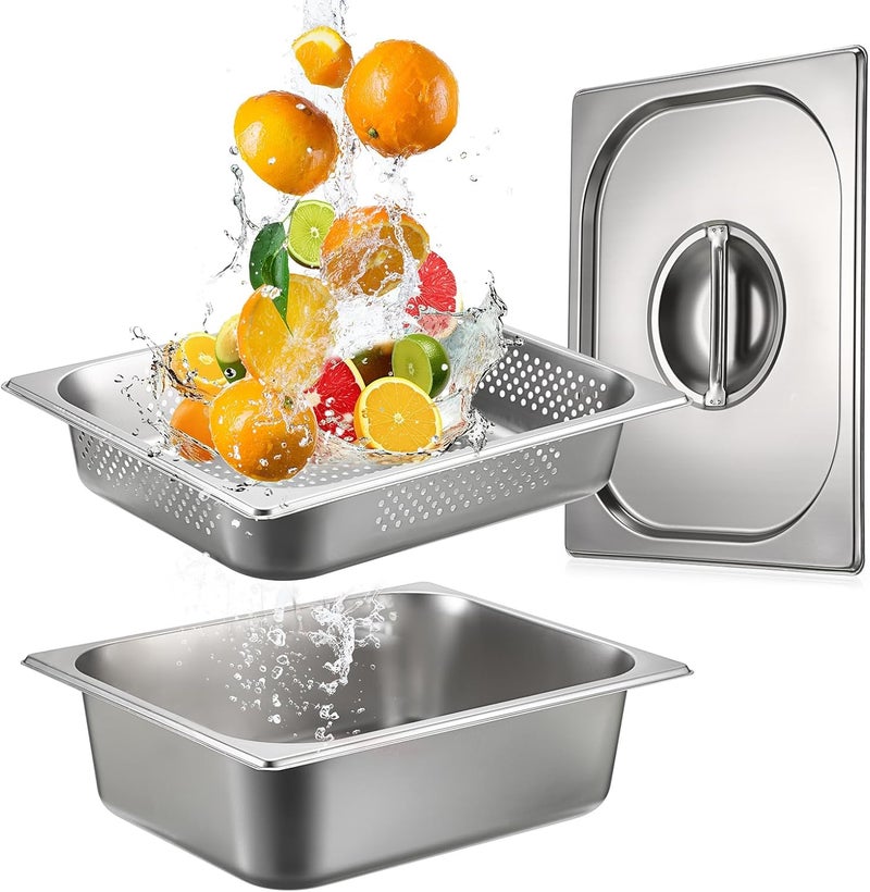 BSTKEY Stainless Steel Hotel Pans Half Size, 4 Inch Deep Steam Table Pan with Perforated Steam Tray and Lid, Warmer Breading Tray Food Pans for Kitchen Restaurant Supplies - Image 1