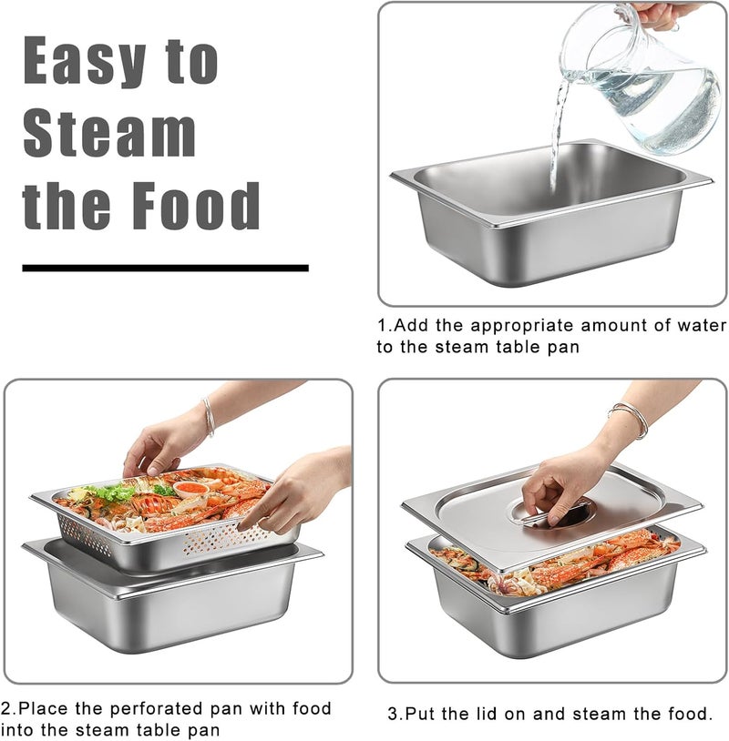 BSTKEY Stainless Steel Hotel Pans Half Size, 4 Inch Deep Steam Table Pan with Perforated Steam Tray and Lid, Warmer Breading Tray Food Pans for Kitchen Restaurant Supplies - Image 3
