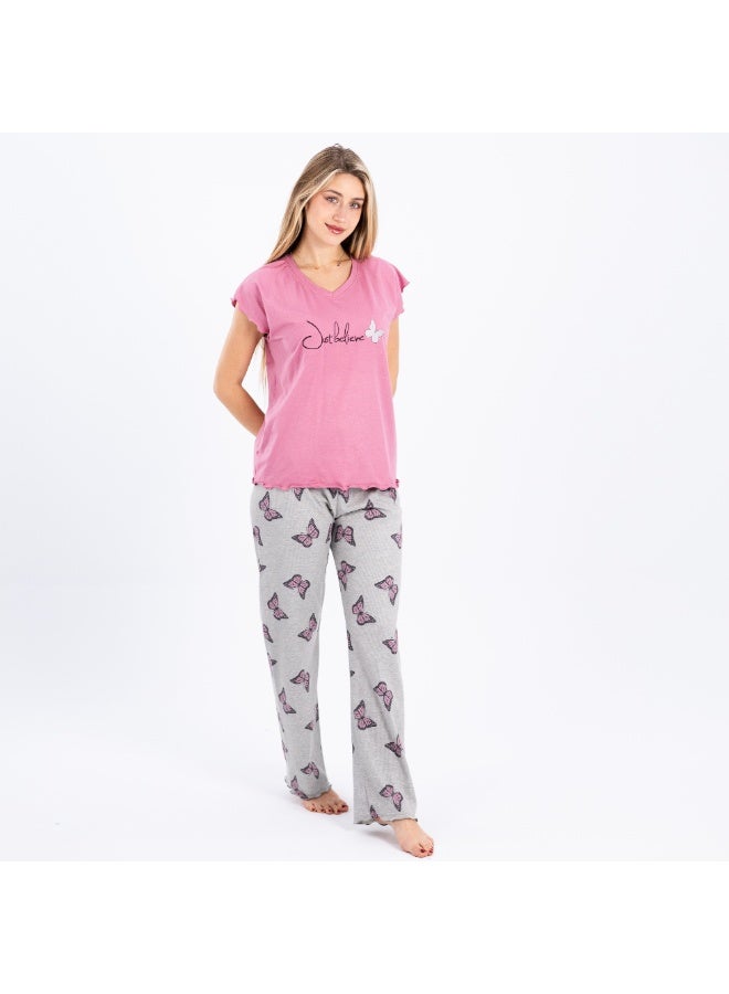 zecotex  Summer cotton pajama set with butterfly print pants and “Just Believe” short sleeve top – perfect for cozy lounging  - Image 3