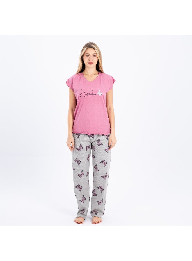 zecotex  Summer cotton pajama set with butterfly print pants and “Just Believe” short sleeve top – perfect for cozy lounging  - Image 1