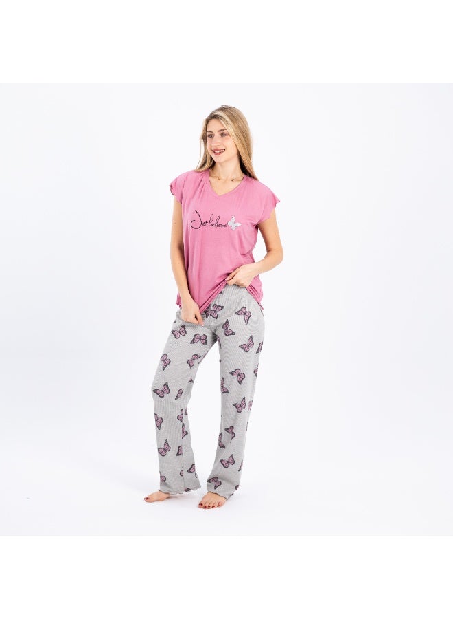 zecotex  Summer cotton pajama set with butterfly print pants and “Just Believe” short sleeve top – perfect for cozy lounging  - Image 2