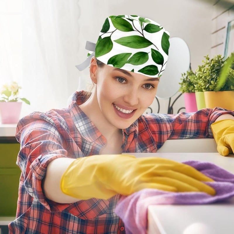 2 Packs Flowers and Green Leaves Working Cap and Sweatband Adjustable Tie Back Bouffant Hats for Woman Man - Image 5