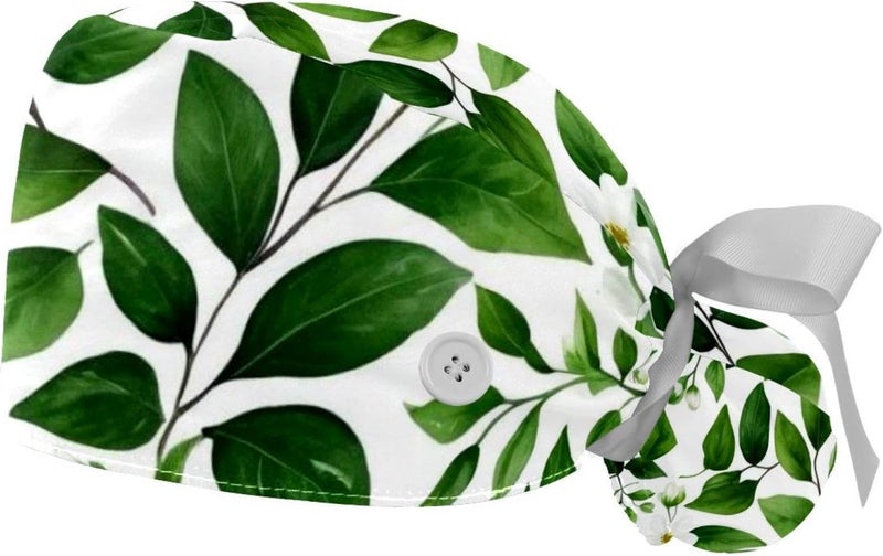 2 Packs Flowers and Green Leaves Working Cap and Sweatband Adjustable Tie Back Bouffant Hats for Woman Man - Image 1