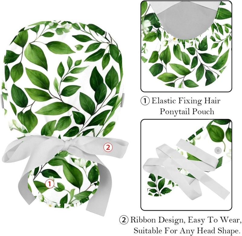 2 Packs Flowers and Green Leaves Working Cap and Sweatband Adjustable Tie Back Bouffant Hats for Woman Man - Image 4