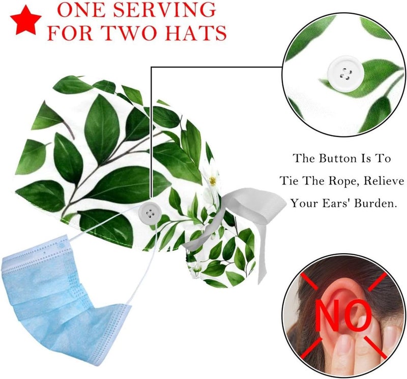 2 Packs Flowers and Green Leaves Working Cap and Sweatband Adjustable Tie Back Bouffant Hats for Woman Man - Image 3