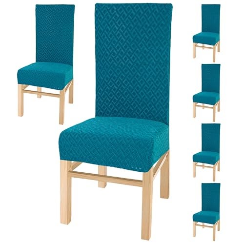 Yellow Weaves Elastic Stretchable Dining Chair Covers, Removable Washable Elastic Self Jacquard Dining Chair Covers (Set of 6, Blocks, Peacock Blue) - Image 1