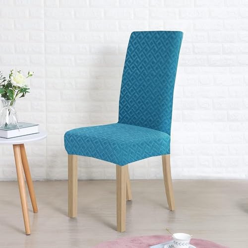 Yellow Weaves Elastic Stretchable Dining Chair Covers, Removable Washable Elastic Self Jacquard Dining Chair Covers (Set of 6, Blocks, Peacock Blue) - Image 5