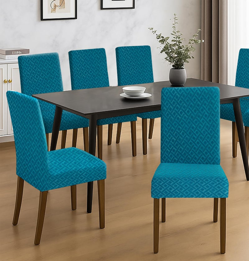 Yellow Weaves Elastic Stretchable Dining Chair Covers, Removable Washable Elastic Self Jacquard Dining Chair Covers (Set of 6, Blocks, Peacock Blue) - Image 2