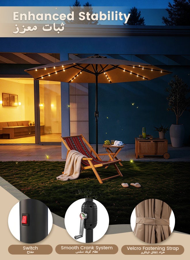 SOLARALIFE 9FT Solar LED Patio Umbrella Outdoor, 78 Lights Beach Umbrella with Double Vent, UPF 50+ Waterproof, 8 Metal Ribs, Crank Lift System for Patio/Beach/Garden/Pool, Khaki - Image 4