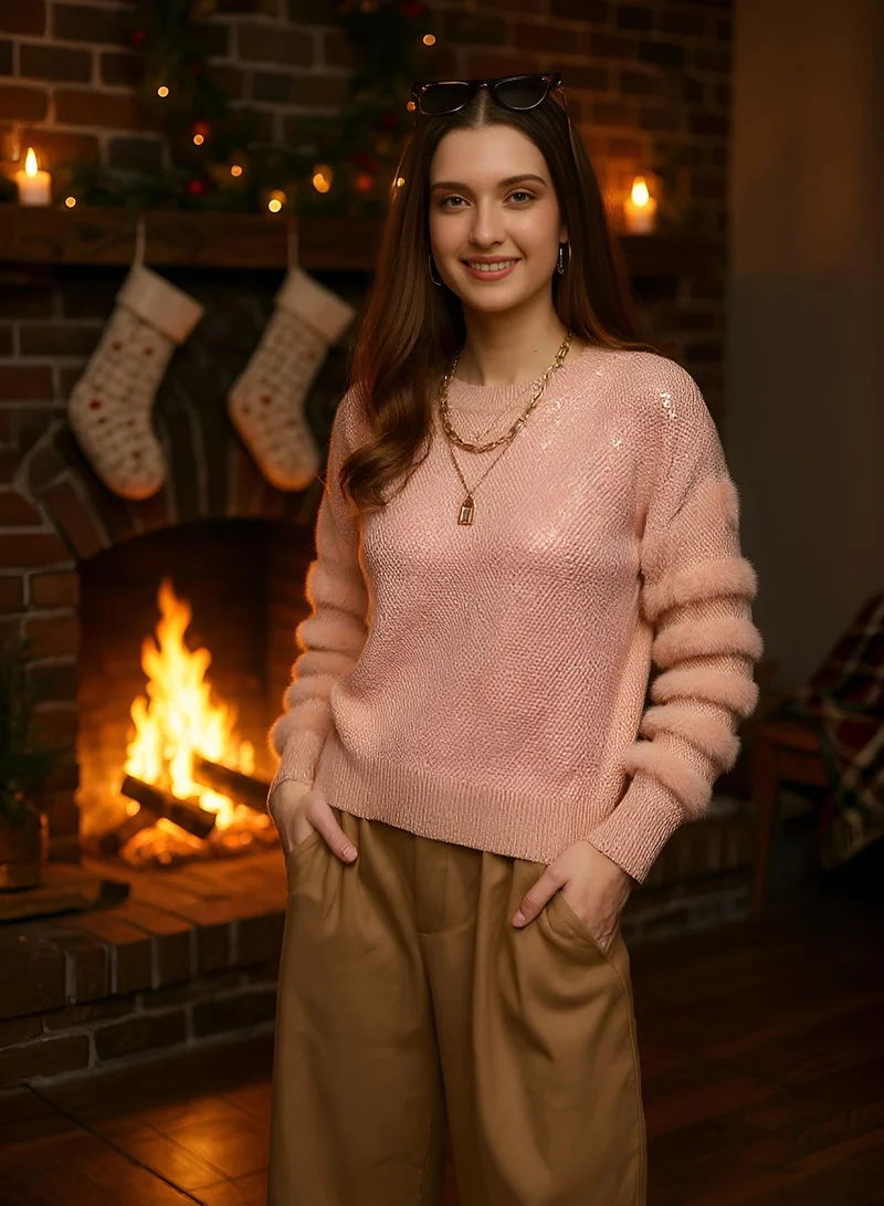 Campus Sutra Women's Sherpa-Lined Knit Pullover Sweater | Round Neck , Long Ribbed Cuff Sleeves , Pull On , Ribbed-Straight Hem | Solid Cotton-Blend Jacquard Material For Casual & Daily | Blush Pink