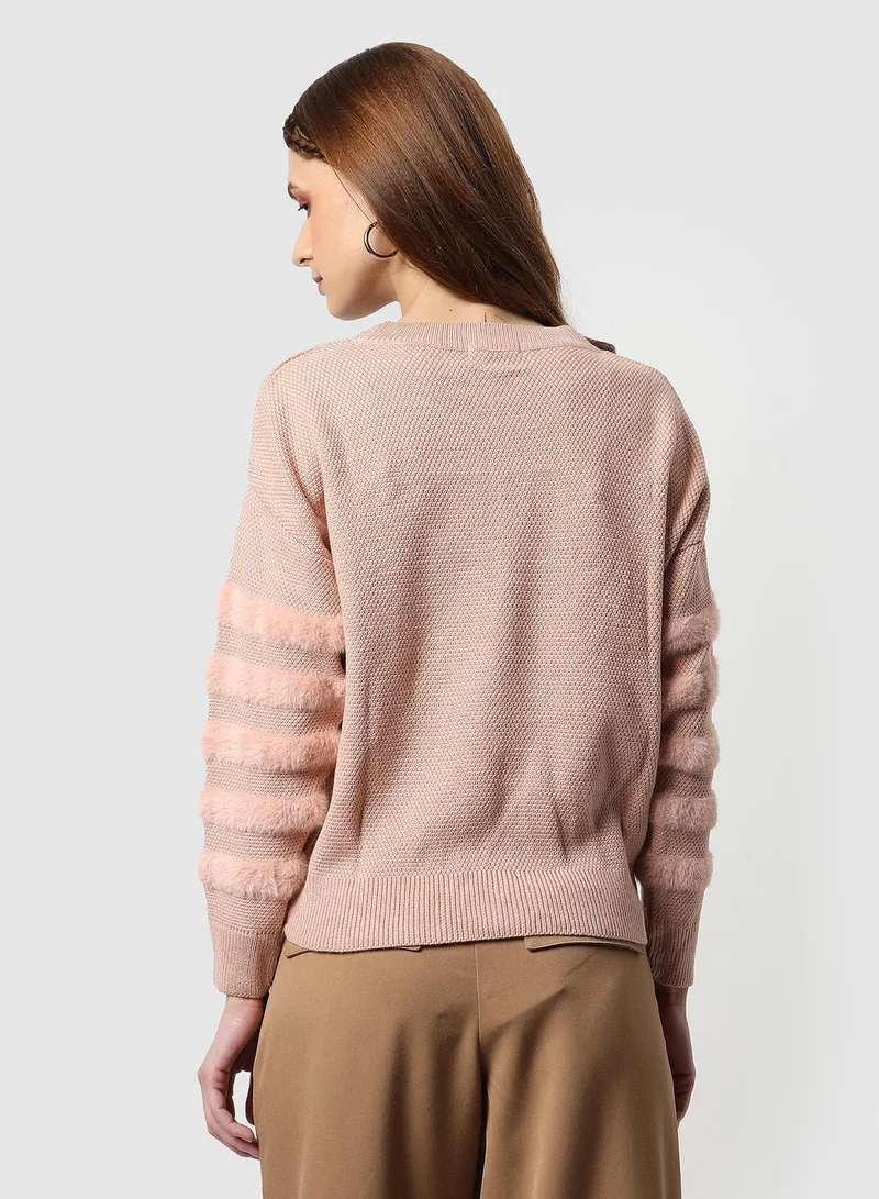 Pinacolada  Women's Sherpa-Lined Knit Pullover Sweater | Round Neck , Long Ribbed Cuff Sleeves , Pull On , Ribbed-Straight Hem | Solid Cotton-Blend Jacquard Material For Casual & Daily | Blush Pink for Women | Best Price UAE