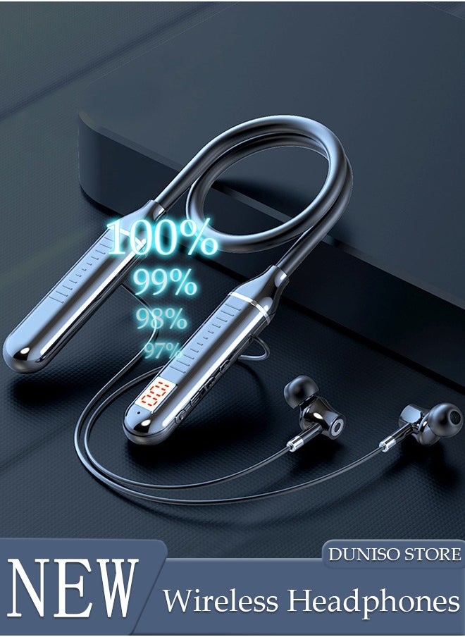 DUNISO - Wireless Bluetooth Headphones Neckband Headset With Retractable Earbuds Noise Cancelling Stereo Sweatproof Earphones With Mic For Gym Running Office Black - Image 1