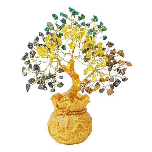 Crocon Money Magnet Tree with Golden Potli Base | Green Aventurine, Citrine, Tiger Eye & Pyrite Crystal Tree | Wealth Vastu Decor & Reiki Healing Showpiece | Gift for Men & Women | Home Decor Item - Image 1