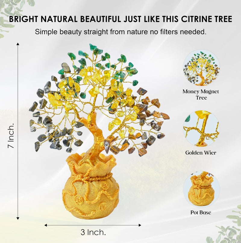 Crocon Money Magnet Tree with Golden Potli Base | Green Aventurine, Citrine, Tiger Eye & Pyrite Crystal Tree | Wealth Vastu Decor & Reiki Healing Showpiece | Gift for Men & Women | Home Decor Item - Image 2