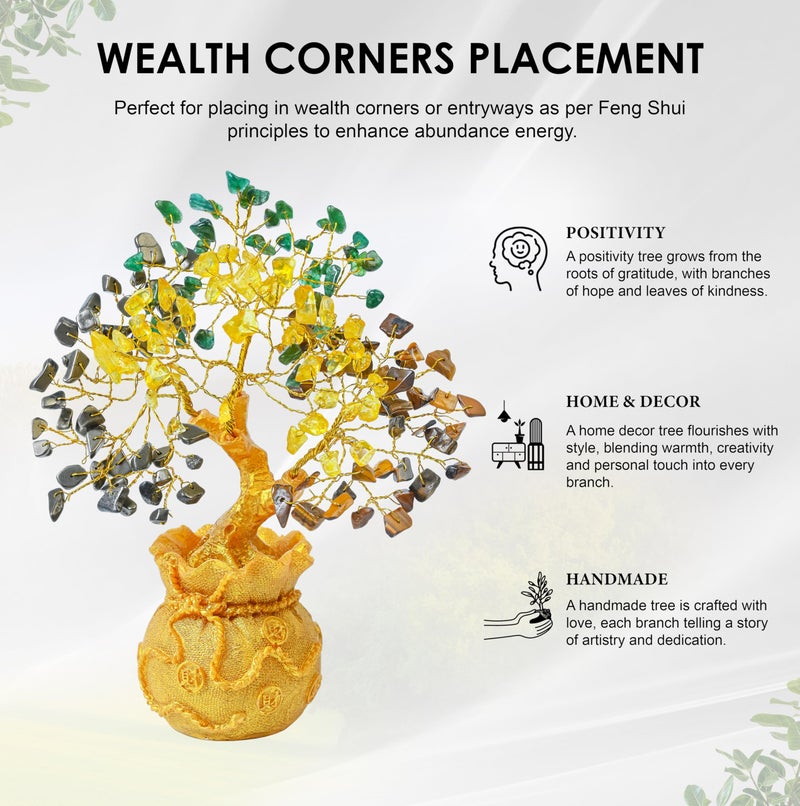 Crocon Money Magnet Tree with Golden Potli Base | Green Aventurine, Citrine, Tiger Eye & Pyrite Crystal Tree | Wealth Vastu Decor & Reiki Healing Showpiece | Gift for Men & Women | Home Decor Item - Image 3