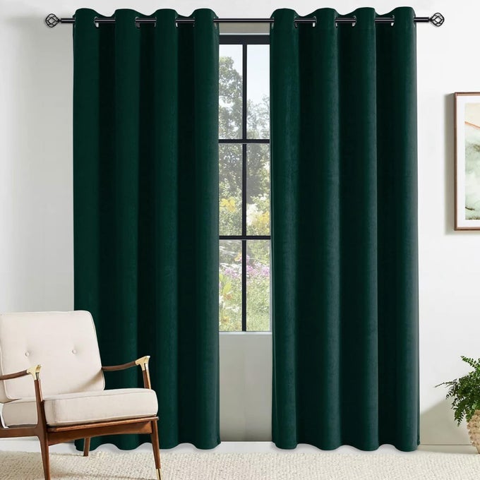 VELVET BLACKOUT CURTAINS FOR BEDROOM THERMAL INSULATED 46 X 90W X L DARK GREEN 2 PANELS RING TOP EYELET SOUNDPROOF CURTAIN KIDSROOM AND LIVING ROOM