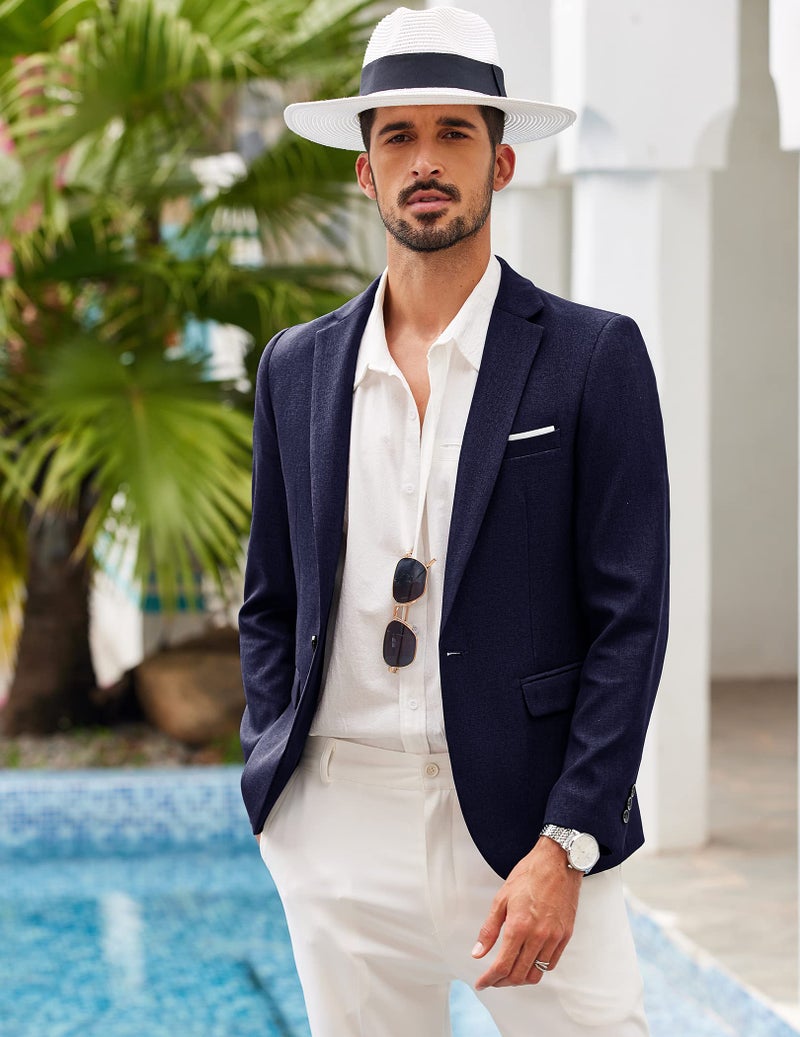 COOFANDY Men Slim Fit Suits Casual Lightweight Blazer Jackets One Button Tuxedos Navy Blue - Image 2