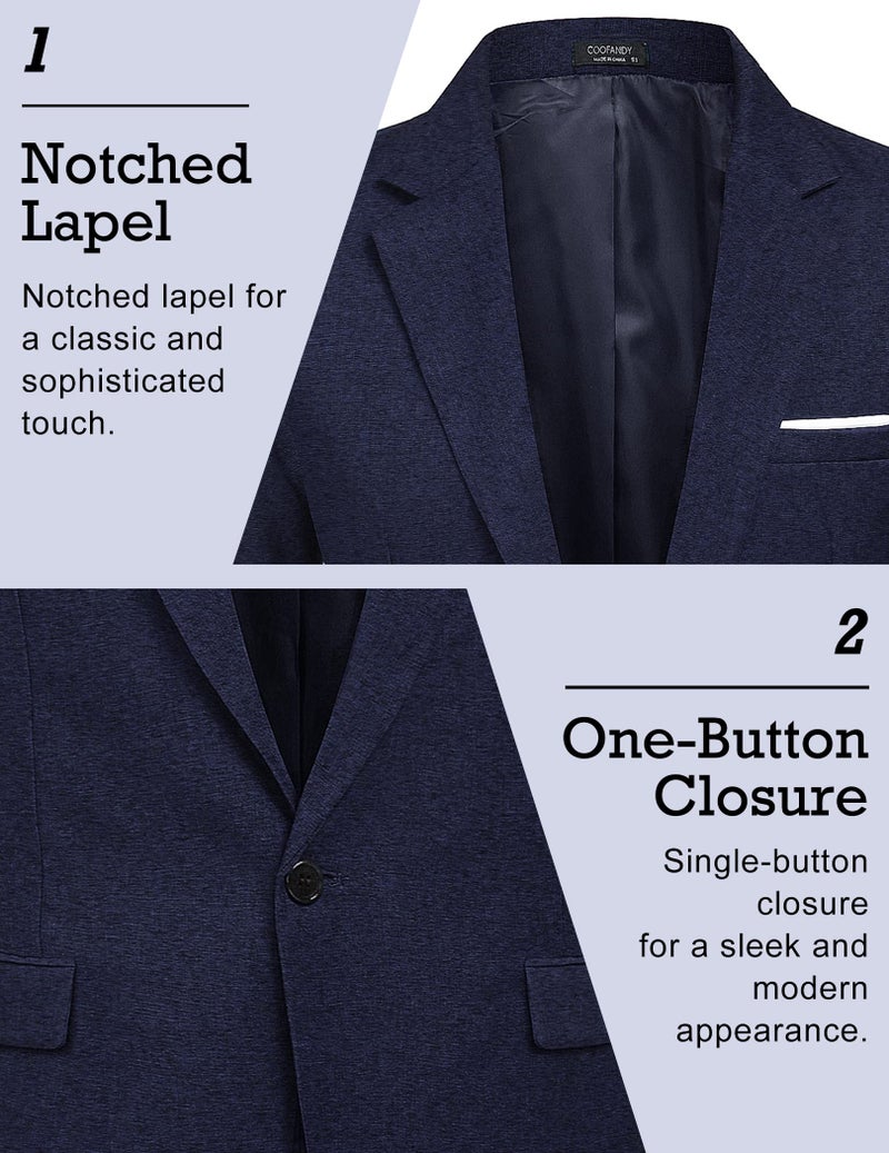 COOFANDY Men Slim Fit Suits Casual Lightweight Blazer Jackets One Button Tuxedos Navy Blue - Image 3