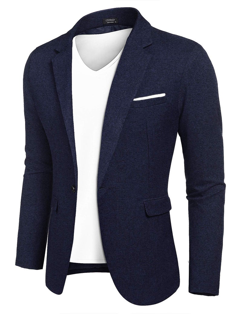 COOFANDY Men Slim Fit Suits Casual Lightweight Blazer Jackets One Button Tuxedos Navy Blue - Image 1