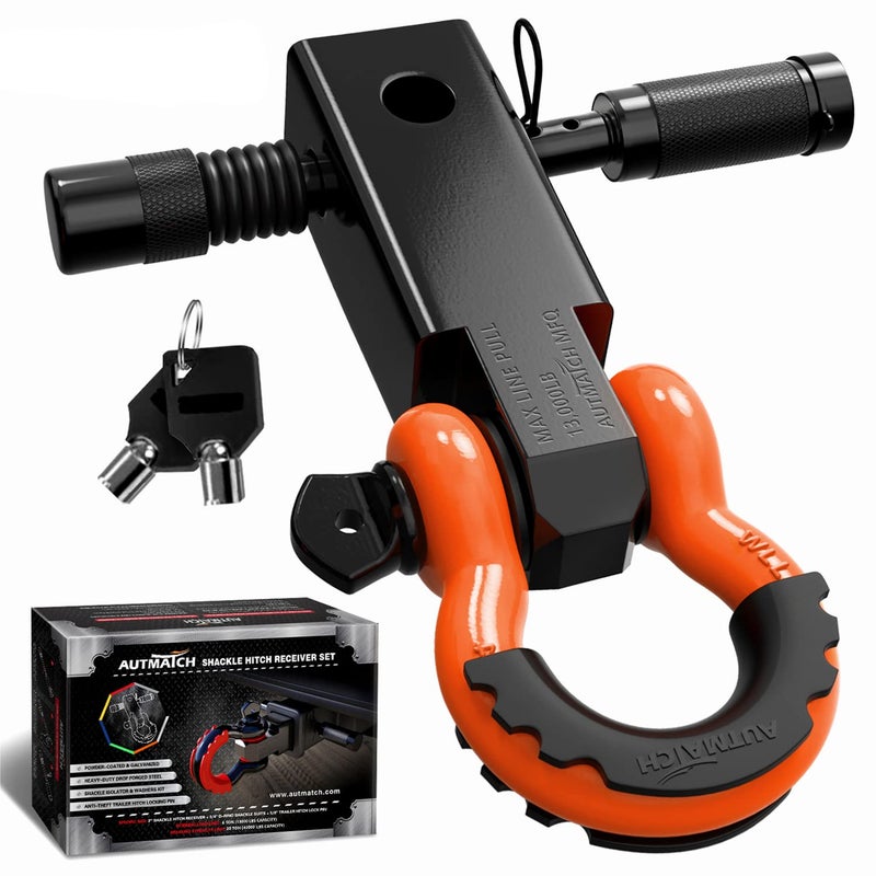 AUTMATCH Shackle Hitch Receiver 2 Inch  34 D Ring Shackle and 58 Trailer Hitch Lock Pin 45000 Lbs Break Strength Heavy Duty Receiver Towing Kit for OffRoad Vehicle Recovery Black  Orange