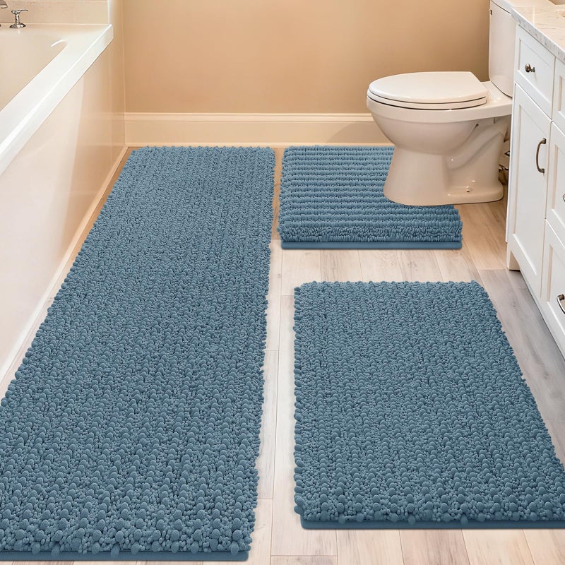 ACCUMTEK Upgrade Extra Large Haze Blue Bathroom Rug Set 3 Pieces Ultra Soft, Thick Absorbent Bath Mats, Non Slip Chenille Toilet Mat for Bathroom, Bedroom, Kitchen, Stone Blue - Image 1