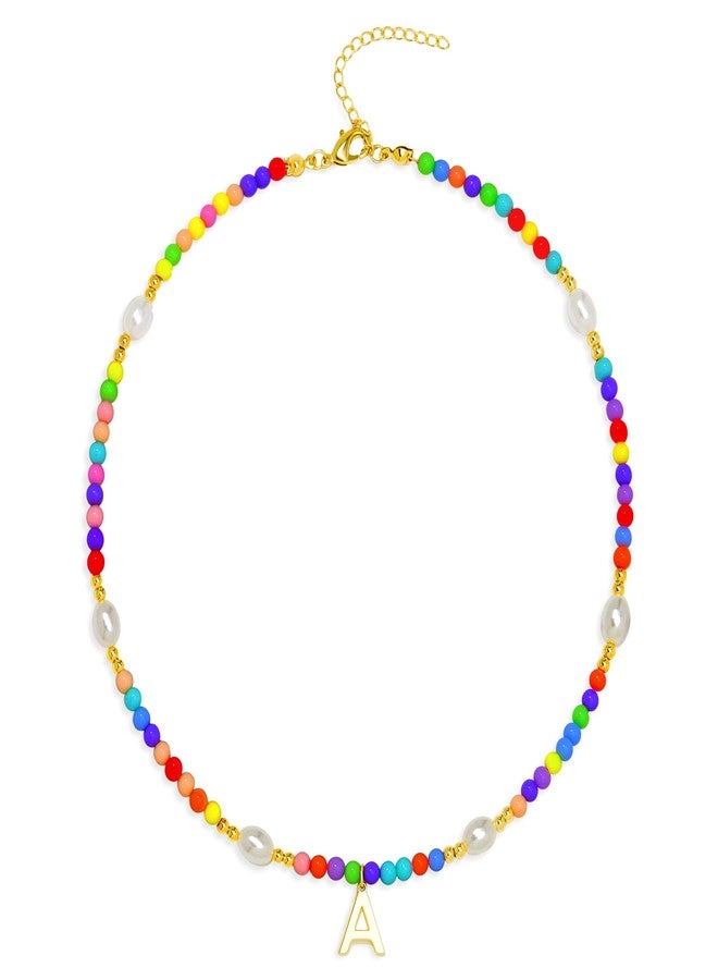Poxtex Cute A Initial Necklaces for Girls Women Trendy Dainty Colorful Beaded Pearl Letter Choker Lockets Necklace for Kids Handmade 14K Gold Plated Christmas Birthday Jewelry Gifts for Teen Girls - Image 1
