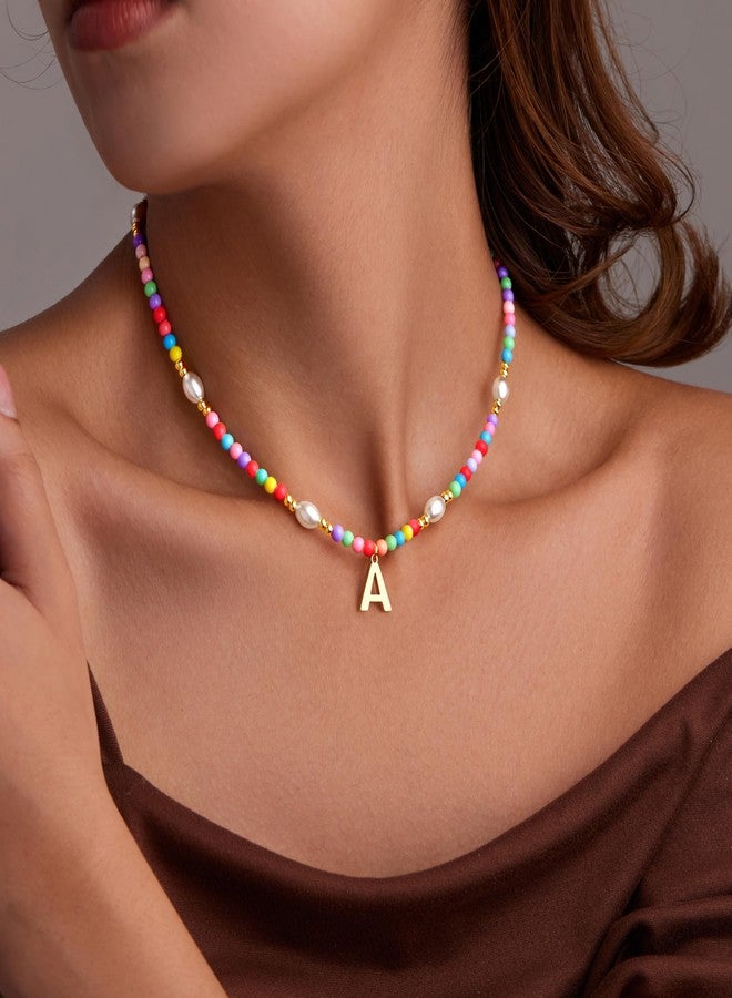 Poxtex Cute A Initial Necklaces for Girls Women Trendy Dainty Colorful Beaded Pearl Letter Choker Lockets Necklace for Kids Handmade 14K Gold Plated Christmas Birthday Jewelry Gifts for Teen Girls - Image 2