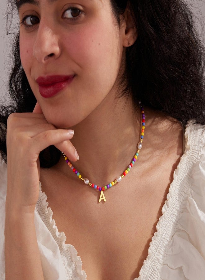 Poxtex Cute A Initial Necklaces for Girls Women Trendy Dainty Colorful Beaded Pearl Letter Choker Lockets Necklace for Kids Handmade 14K Gold Plated Christmas Birthday Jewelry Gifts for Teen Girls - Image 3