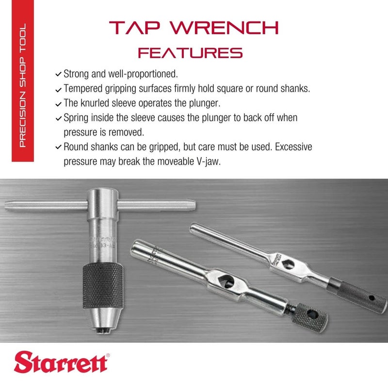 Starrett Tap Wrench with Tempered Gripping Surfaces - 1/16-1/4" Capacity Tap Size, 6" Body Length, 3/32-5/32" Square Shank - 91A - Image 2