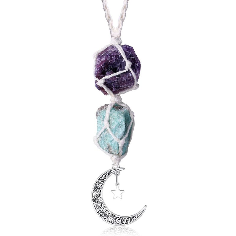 LAIDANLA Car Charm Crystal Hanging Accessories Amethyst and Amazonite Rearview Mirror Decorations Healing Dangling Moon Star Handmade Hanging Ornaments Bohemian Home Decor