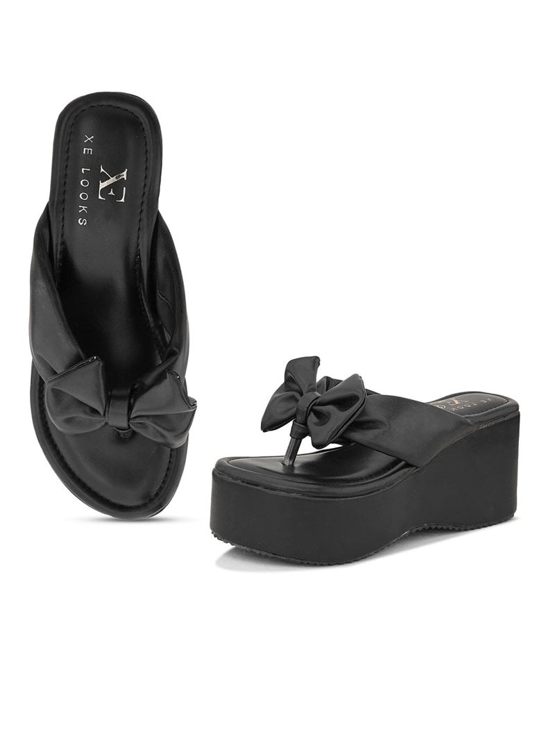 XE Looks Women Platform Wedge Slippers with Elegant Bow Design | Comfortable Cushioned Sole, Slip-On Open Toe Style Sandals for Girls | Fashionable Footwear for Special Occasions (Black) - Image 1