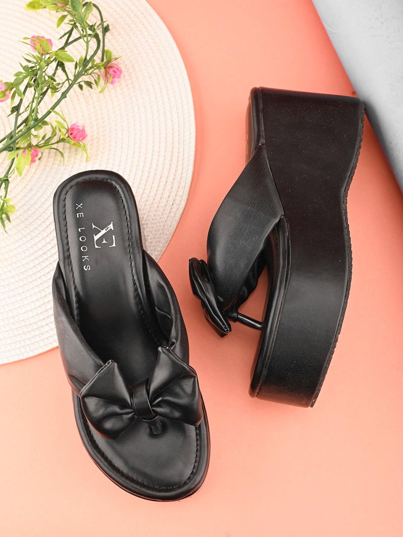 XE Looks Women Platform Wedge Slippers with Elegant Bow Design | Comfortable Cushioned Sole, Slip-On Open Toe Style Sandals for Girls | Fashionable Footwear for Special Occasions (Black) - Image 2