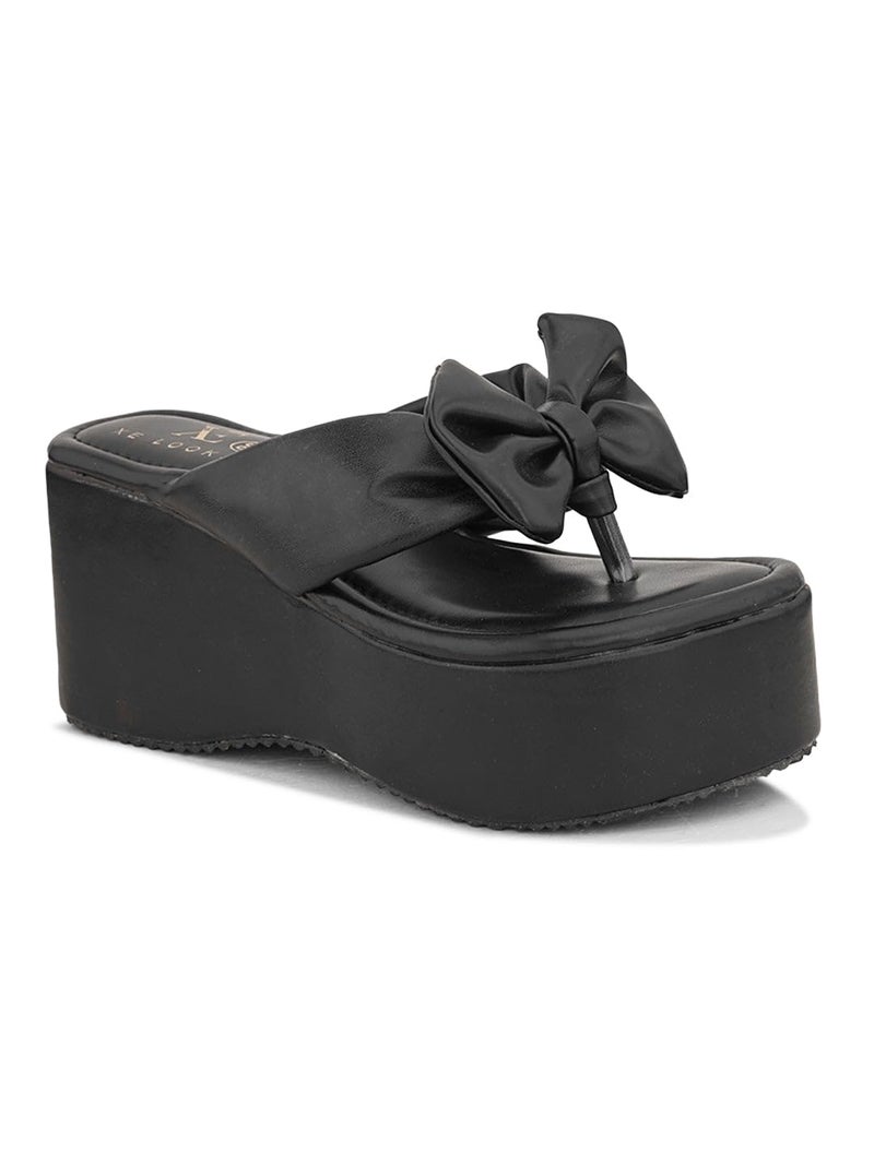 XE Looks Women Platform Wedge Slippers with Elegant Bow Design | Comfortable Cushioned Sole, Slip-On Open Toe Style Sandals for Girls | Fashionable Footwear for Special Occasions (Black) - Image 5