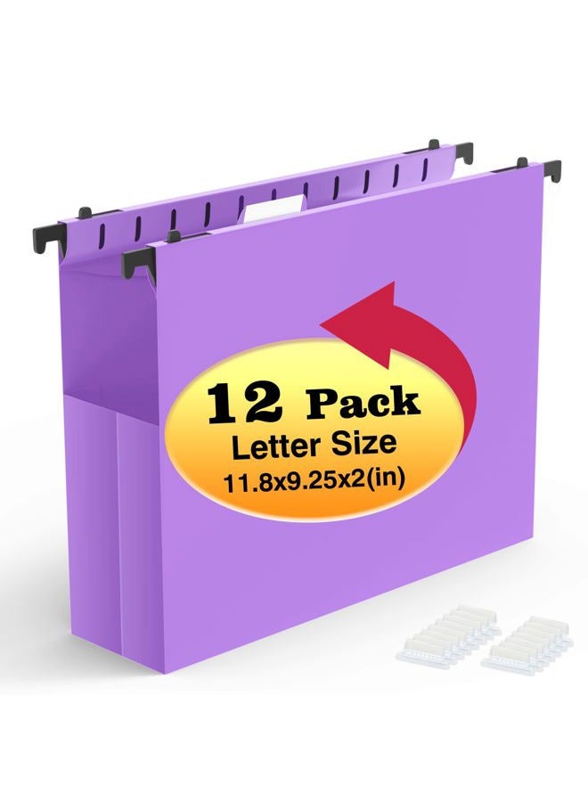 Shutex Extra Capacity Plastic Hanging File Folders,12 Pack Reinforced Expanding Hang Folder Letter Size,Accordian Pocket,Heavy Duty 2 Inch Expansion,Hanging Folder Organizer for Office Home,Purple - Image 1