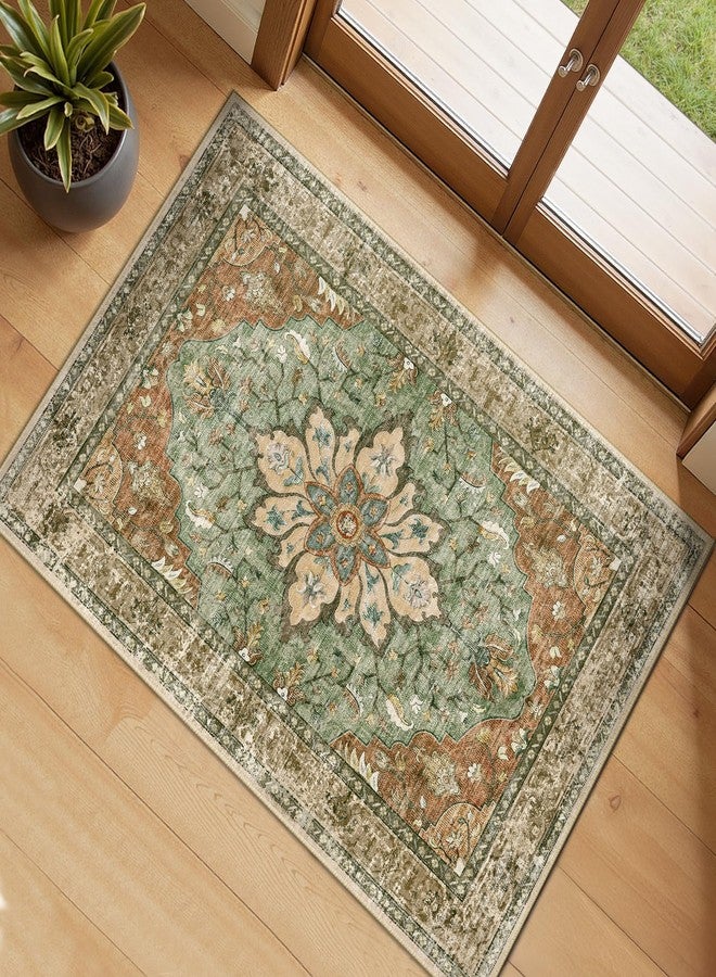 RELEANY Area Rugs 4'x6' Washable Non-Slip, Floral Vintage Distress Print Pattern Medallion Carpet for Living Room Bedroom Dining Room, Brick Red Rust Neutral Brown Burnt Orange Green - Image 1