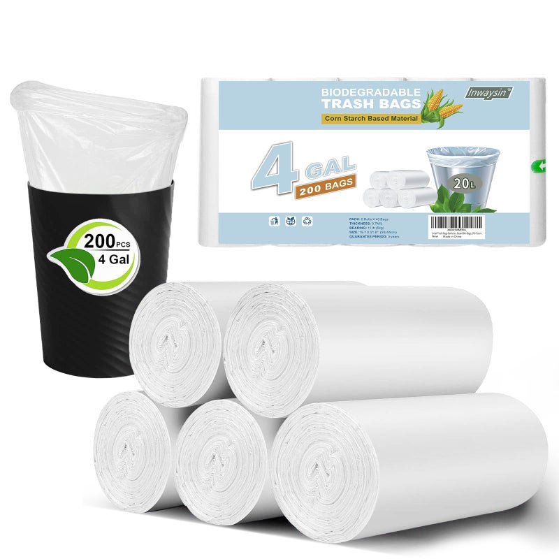 Inwaysin Small Trash Bags Bathroom Garbage Bags 4 Gallon, Inwaysin 15-20 Liter White Mini Trash Bags, Office Waste Basket Liners Compostable Plant Based Bin Bags, 200 Count - Image 1