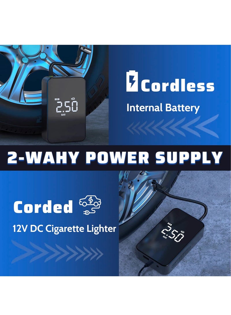 Tire Inflator Portable Air Compressor, Digital Display Tires Inflatable Air Compressor, Type C Charging, Led Light and Accurate Pressure Readings for Bicycle, E Bike, Car, Motorbike, ball