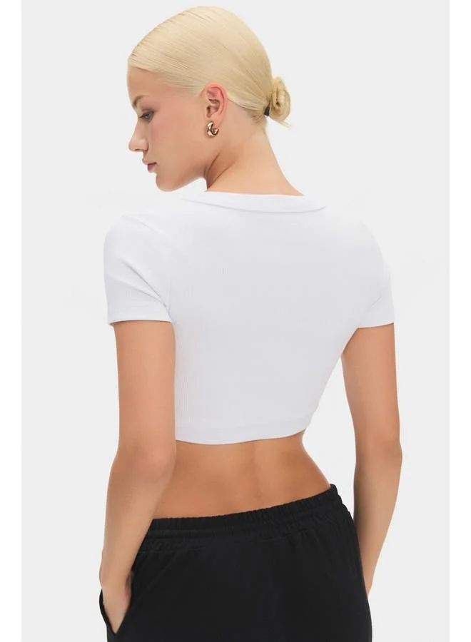 JUNE June Women Cotton Ribbed Crop Short Sleeve Tshirt White